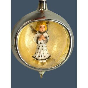 Vintage Italian Glass Diorama Praying Angel Ornament With Spun Cotton Wings 4.5